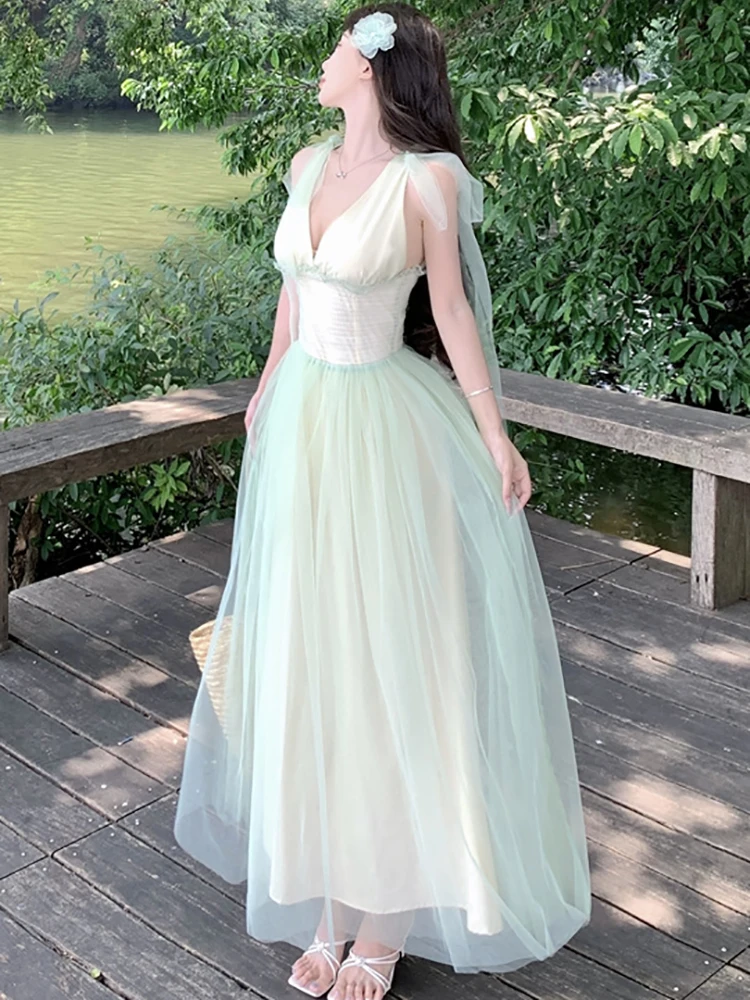 ฤดูร้อนสีเขียวตาข่ายเก๋โบว์สลิงชุดยาวผู้หญิงElegant Causal Ruffled Promเสื้อผ้า 2025 Korenaแฟชั่นBodycon Holiday Dress