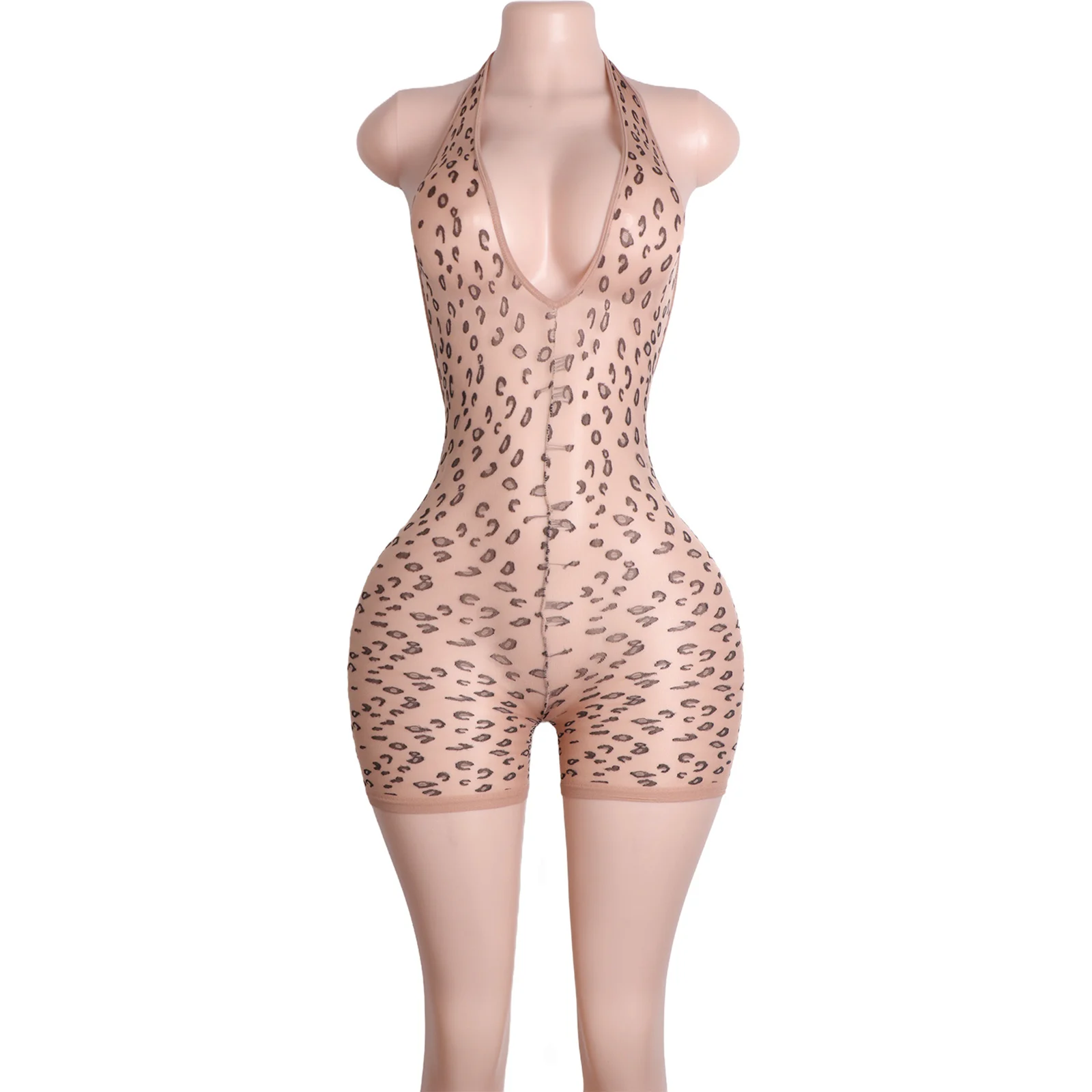 

Sexy Leopard Print Deep V Bodysuit Swimsuit Polyester Shorts for Pole Dance Performance Wear Exotic Clubwear