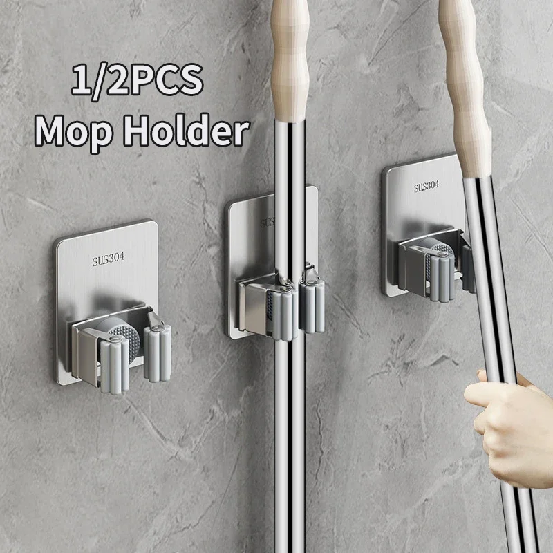 

1/2pcs Wall Mounted Mop Organizer Clips Self-Adhesive Bathroom Mop Broom Hanger Holder Rack Stainless Steel Mop Clip Clamp Rack