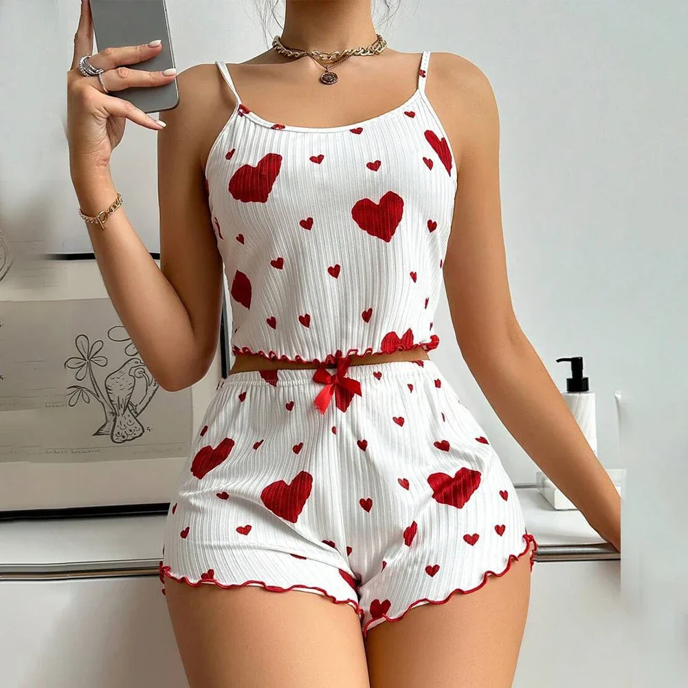 Damen Hosenträger Pyjama Set Sommer ärmellose Top Shorts Nachtwäsche 2 Stück Set für Frauen Homewear Casual Heart Print Anzug