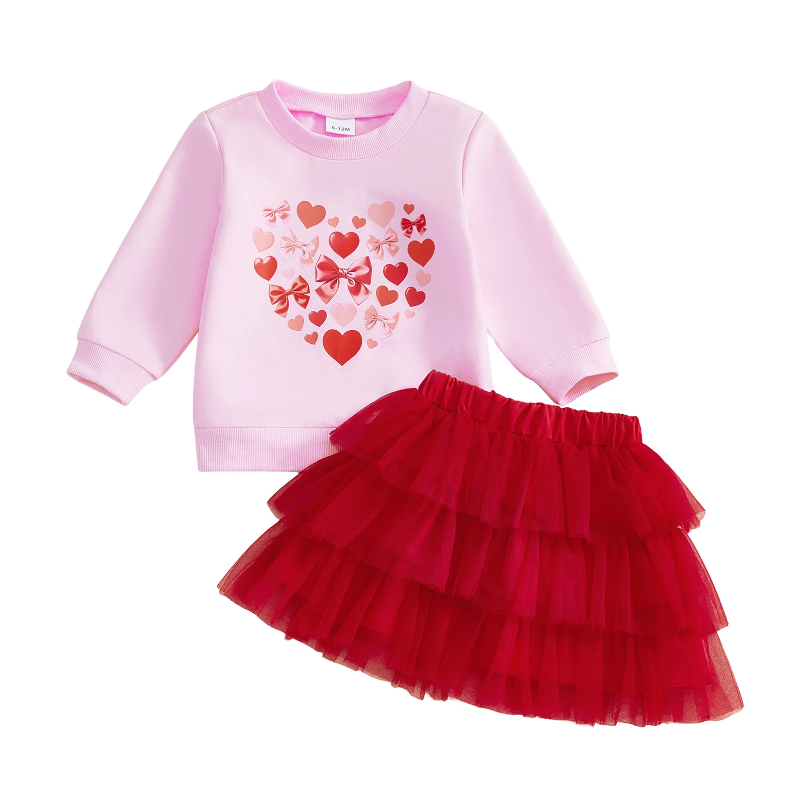 

Toddler Baby Girl Valentines Outfit Love Heart Bow Print Long Sleeve Sweatshirt and Layered Mesh Skirt 2 Pcs Set