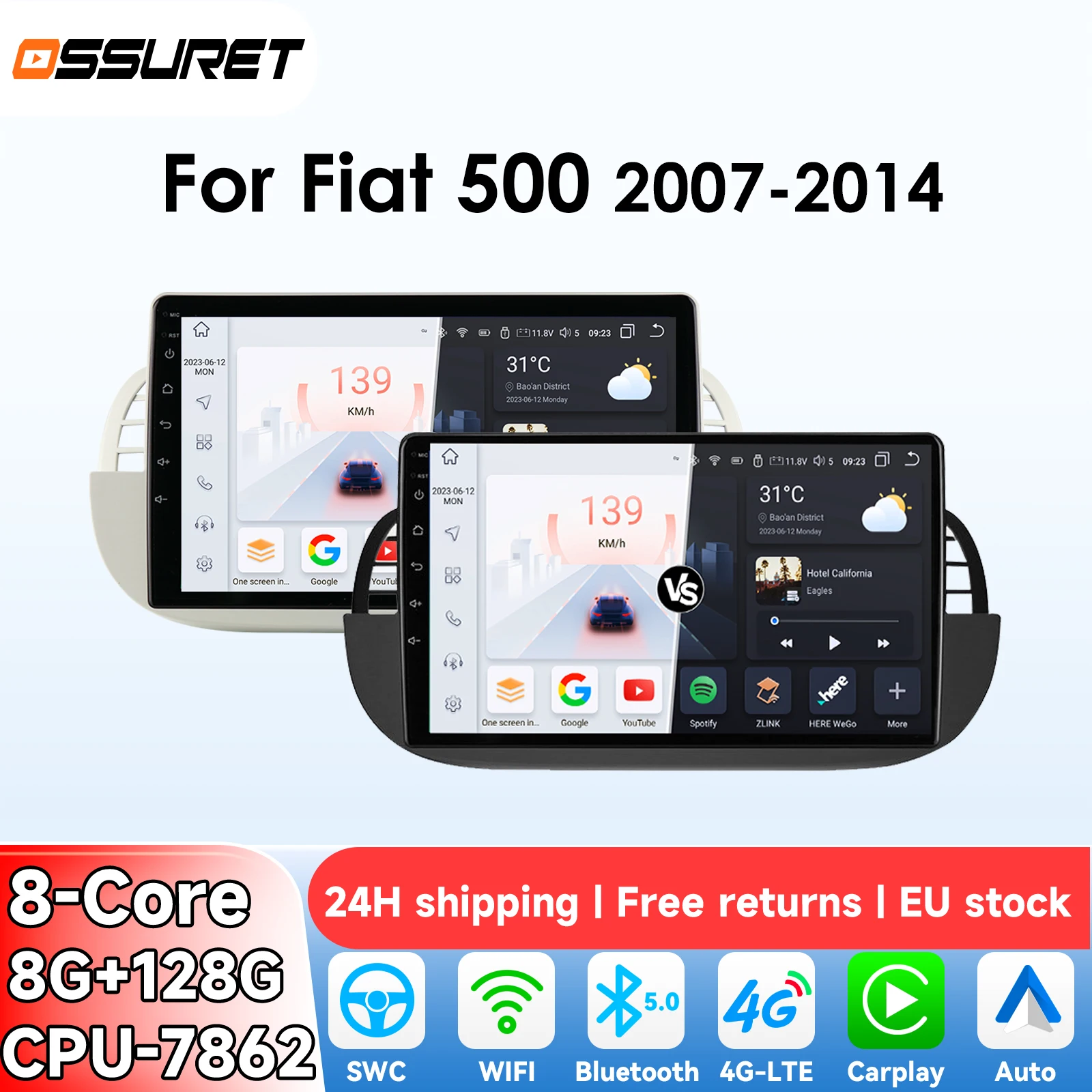 OSSURET 1Din 8G 128G Carplay 9'' Android autoradio voor Fiat 500 2007-2014 GPS Multimedia Videospeler Navi 4G WIFI BT DSP 7862 - afbeelding 2