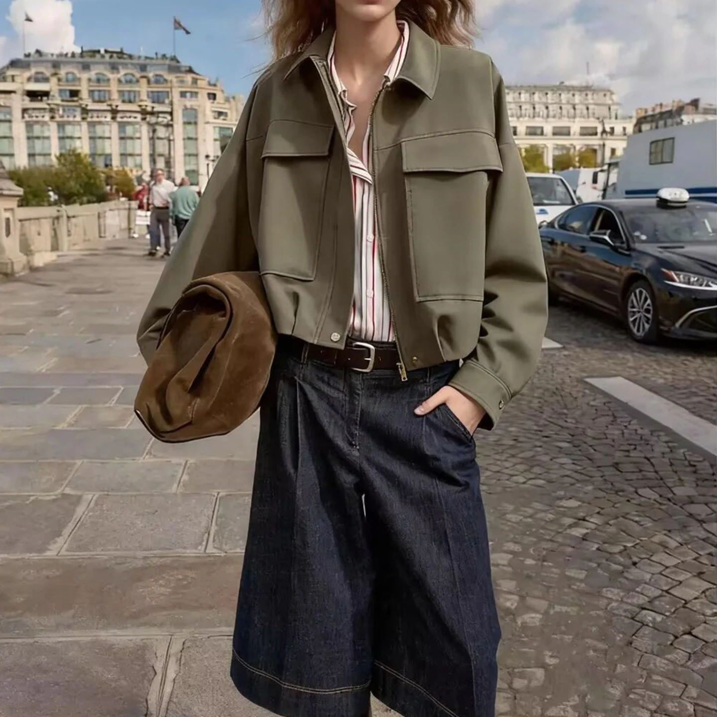 Women's Fashionable Casual Pilot Jacket 2026 New Summer Style Pleated Hem Versatile Matching Trendy Long Sleeve Coat
