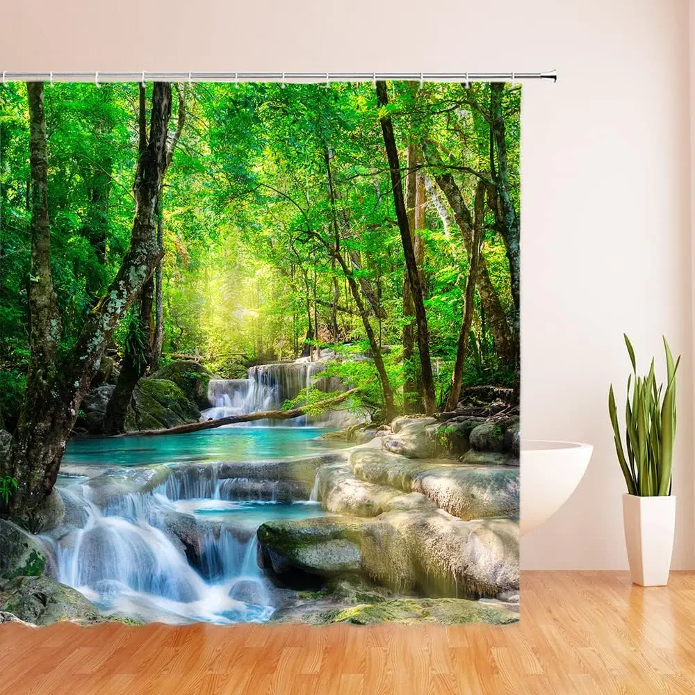 Nature Forest Waterfall Shower Curtain Rainforest Natural Landscape Green Trees Sunshine Tropical Jungle Summer Decor Bathroomx