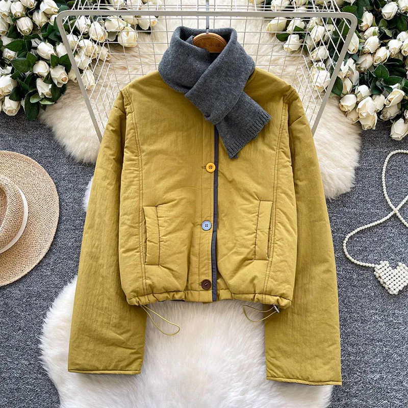 Winter Korean Style 2pc Sets Pocket Drawstring Long Sleeve Coat+Soft Knitted Scarf Female Warm Cotton-Padded Overcoat