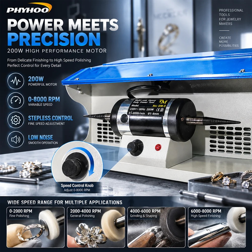 PHYHOO 200W Jewelry Polishing Machine Bench Grinder Buffer Dust Collector Dual Head Variable Speed 8000RPM Jade Metal Work Bench