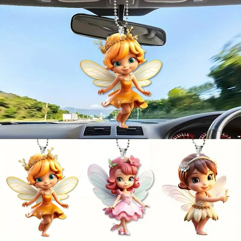 Cute Acrylic Angel Elf Pendant 2D Flat Flower Fairy Charms Car Rearview Mirror Pendant Cartoon Cute Elf Home Decoration Pendant