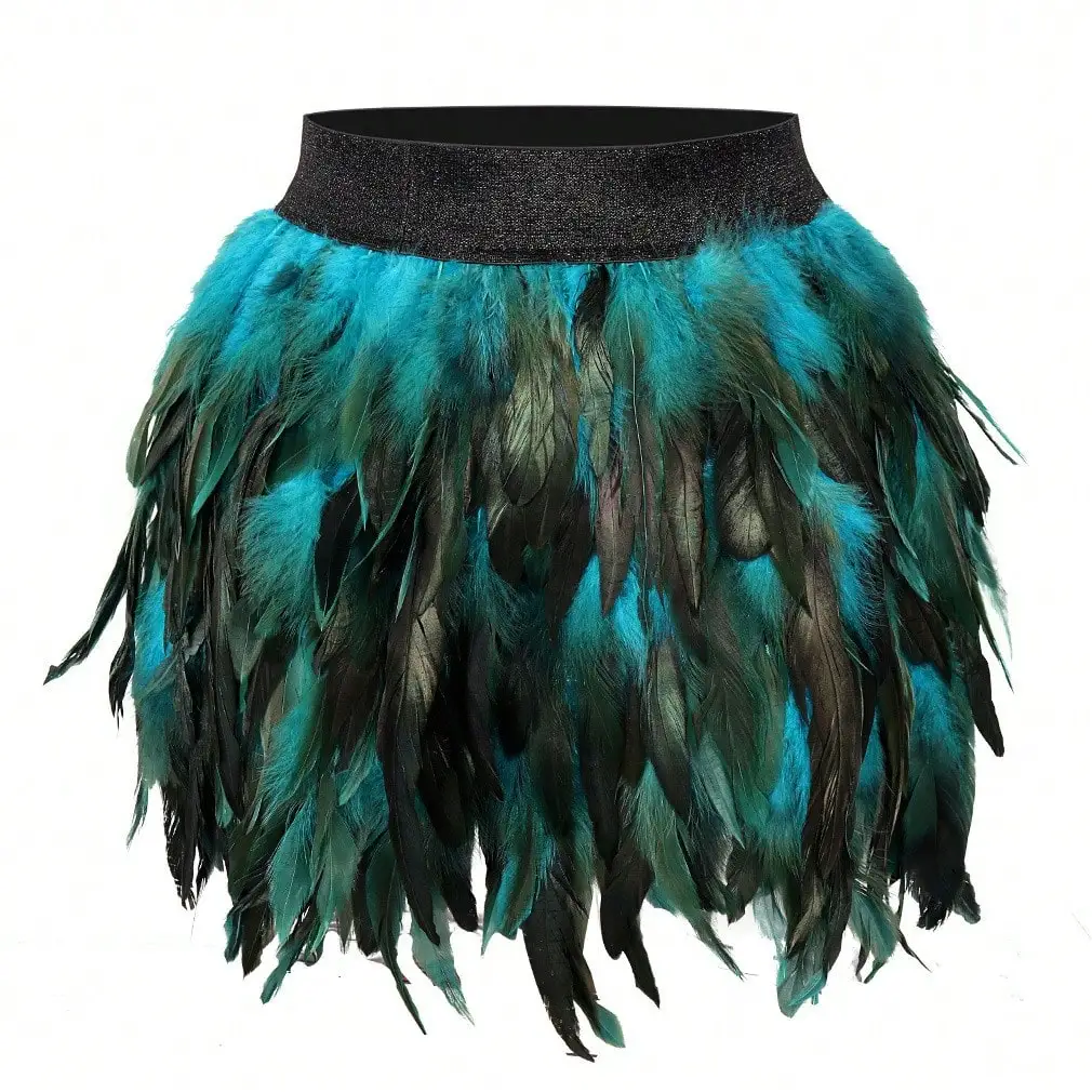 Women's Natural Feather Mini Skirt, High Waist Elastic Waistband Fluffy Feather Skirt, Halloween Carnival Rave Party Costume Short Skirt