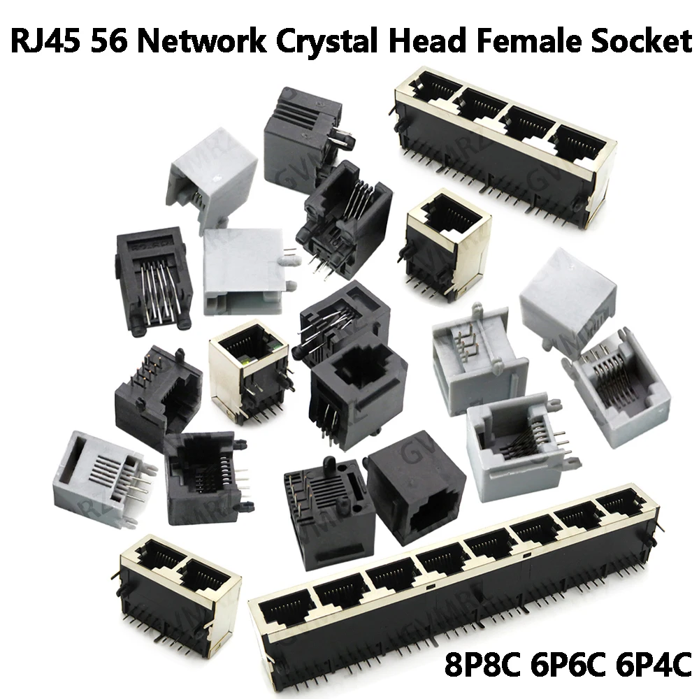 RJ45 56 Network Crystal Head Female Socket 8P8C Network Cable Interface Female Connector With Light Shrapnel 6P4C 6P6C 4P4C