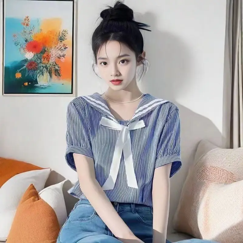 Camicia dolce estiva nuova di alta qualità da donna manica corta colletto alla Peter Pan top scozzesi ragazza moda casual camicette a righe camicie