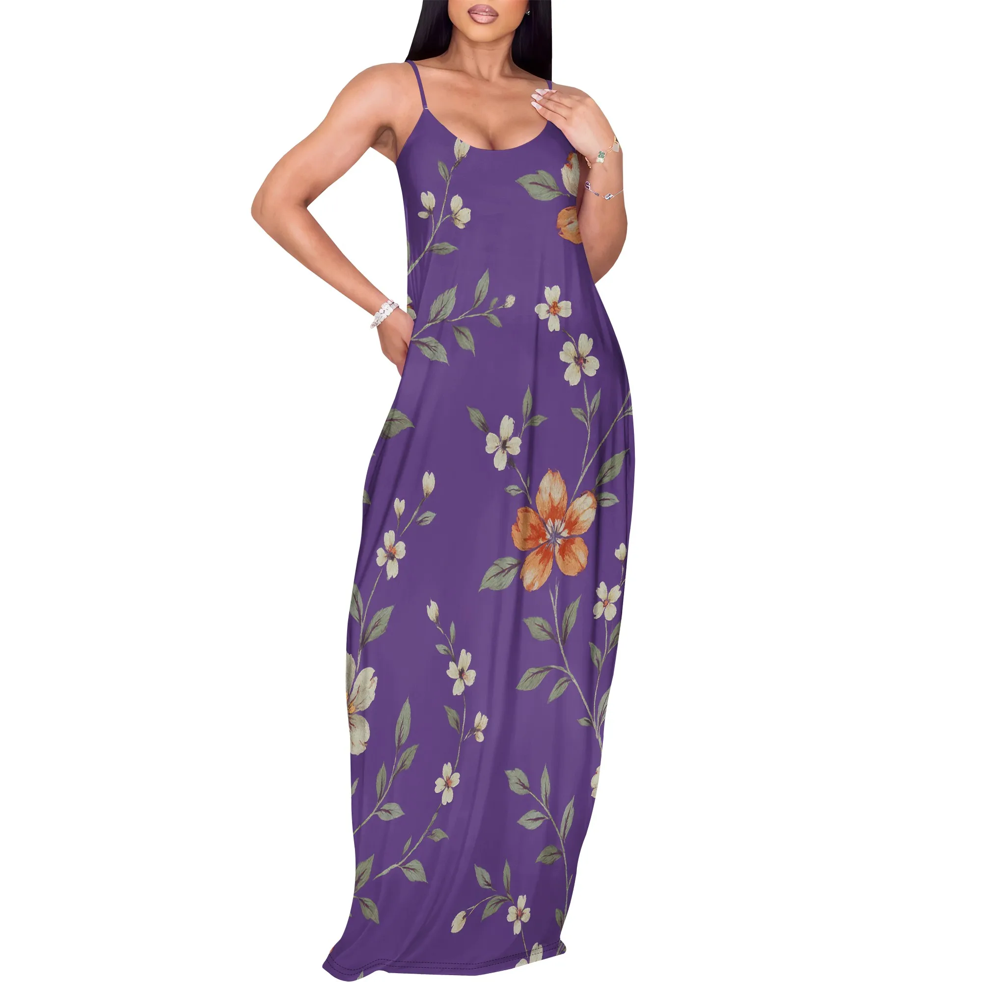 ชุด Maxi สําหรับผู้หญิงเซ็กซี่สบายๆดอกไม้พิมพ์สปาเก็ตตี้ปรับได้ยาวฤดูร้อนปาร์ตี้คลับ Sundress พร้อมกระเป๋า