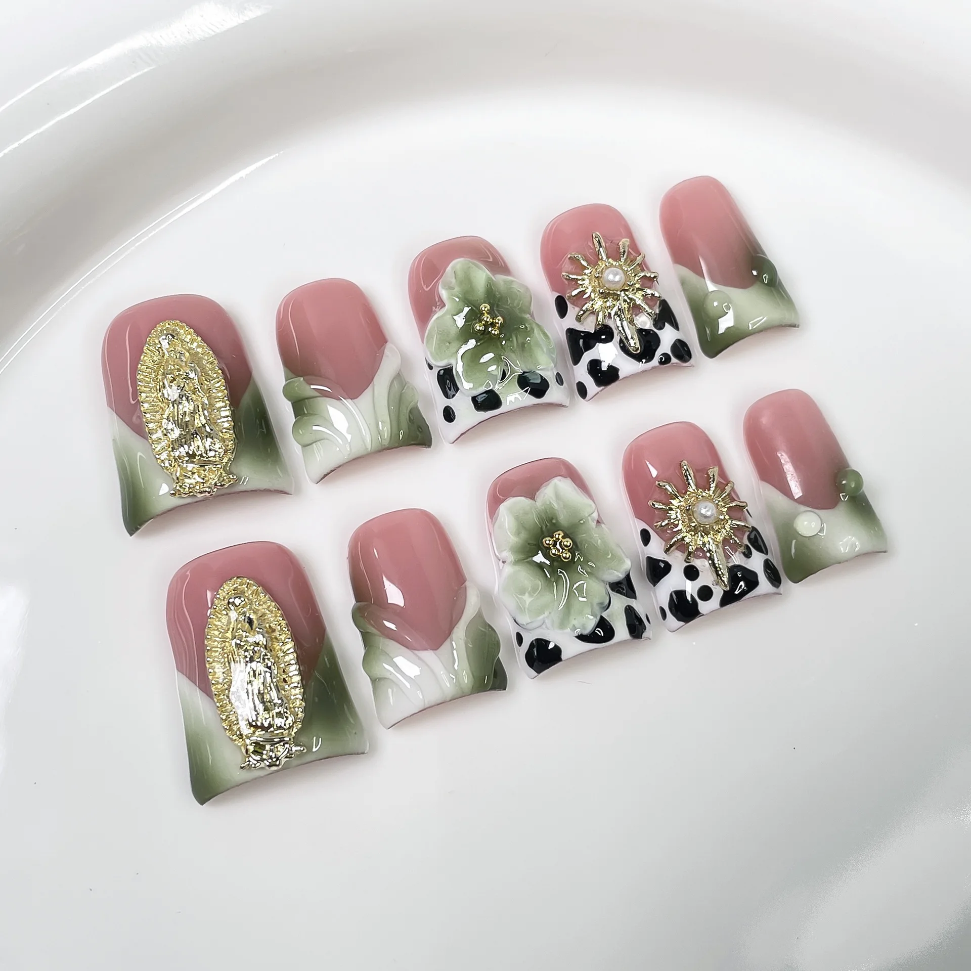 10 pièces en forme de bec de canard presse à la main sur les ongles vert français faux ongles fleur faux ongles portable ongles Наклад Ногти Uñas