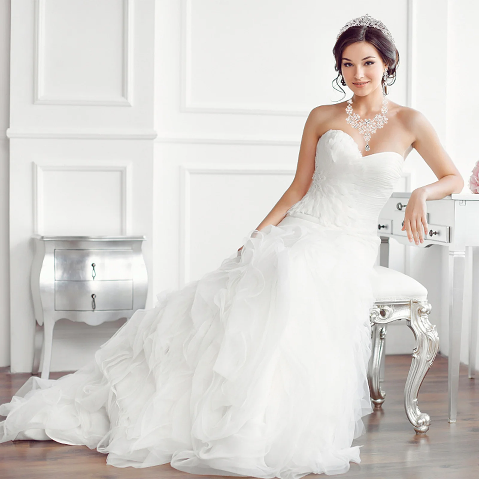 

1Set Bride Crown Wedding Jewelry Set Crystal Headdress Necklace Earring Bridal Headband Elegant Accessories for Special Events