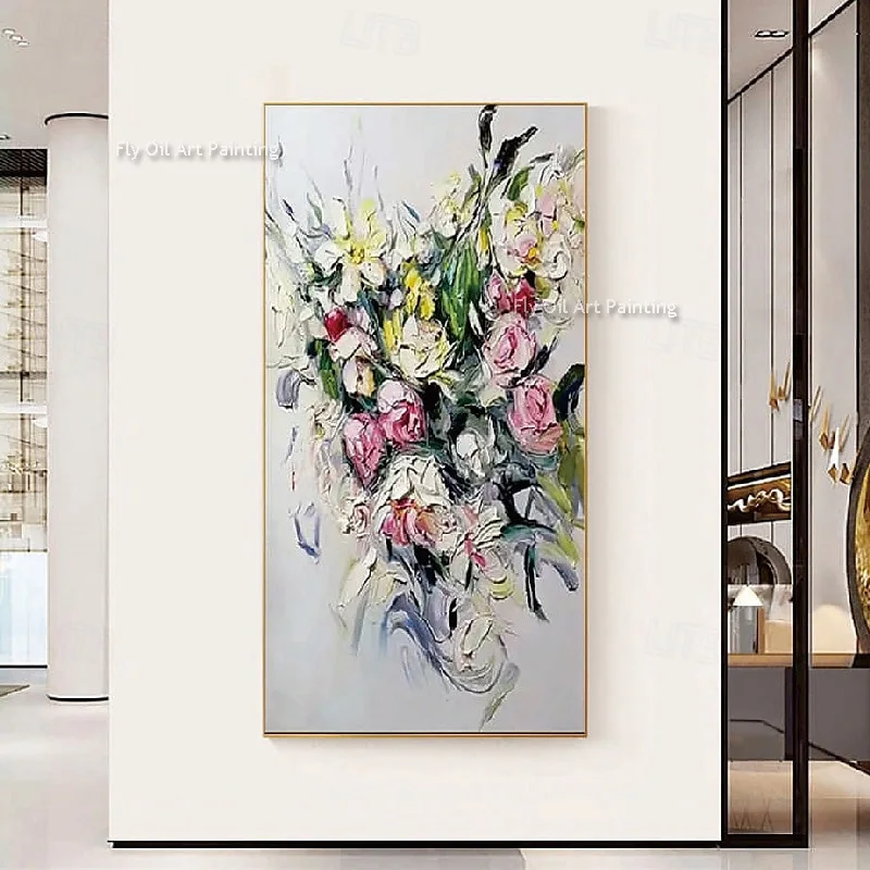 Original Handpainted Pink White Flowers Canvas Thick Wall Art New Design A Bomquet Of Florals Oil Painting For Living Room Decor