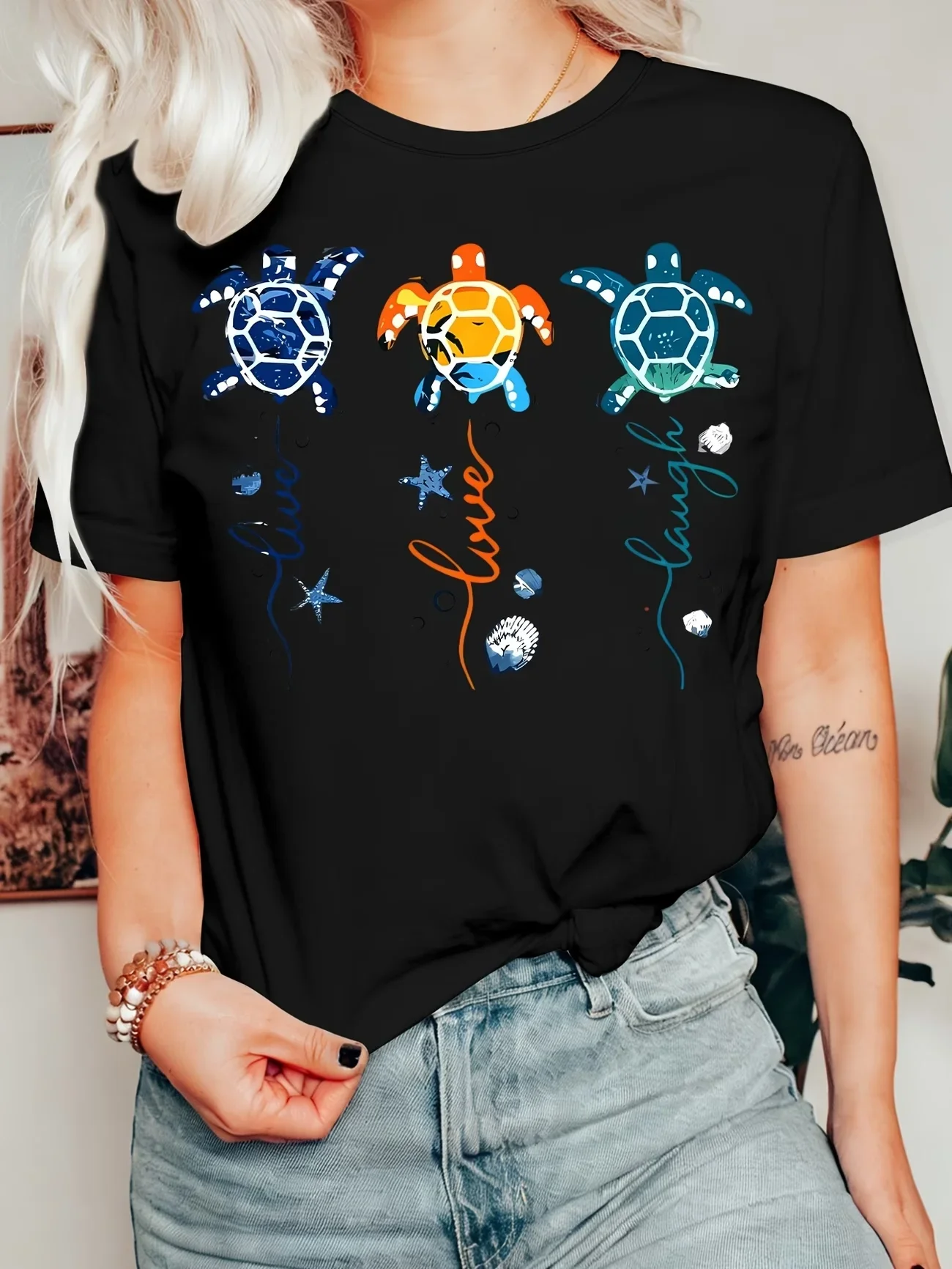 Vintage Sea Turtle Graphic Letter Printed Women Tee Harajuku Summer Beach Coastal Animal Short Sleeve Crew Neck Women Casual Top