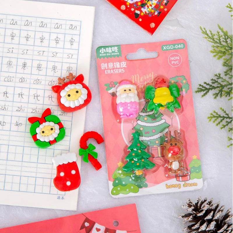 4Pcs/set Cute Cartoon Santa Claus Reindeer Erasers Kawaii Aesthetic Stationery Kids Eraser Set Student Reward Christmas Gifts