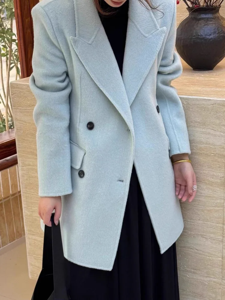 ZMEENNA Cappotto blazer doppiopetto in misto lana elegante da donna con risvolto dentellato Giacca invernale casual Elegante tuta sportiva bianca ZM3620