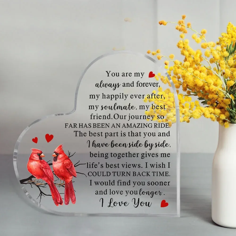 Two Red Cardinals Branch Heart Acrylic Plaque Soulmate Love Message Desktop Anniversary Gift