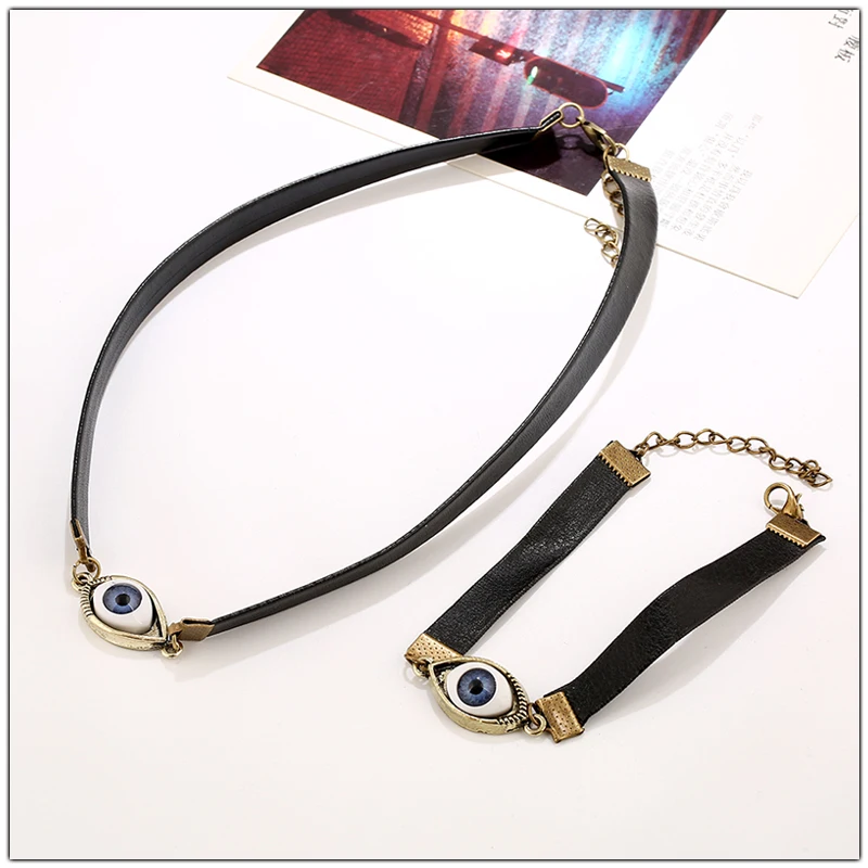 Vintage Devil's Eye Choker Necklace Women Men Accessories Punk Leather Chain Angel Eyes Pendants Necklaces Bracelets Set Jewelry