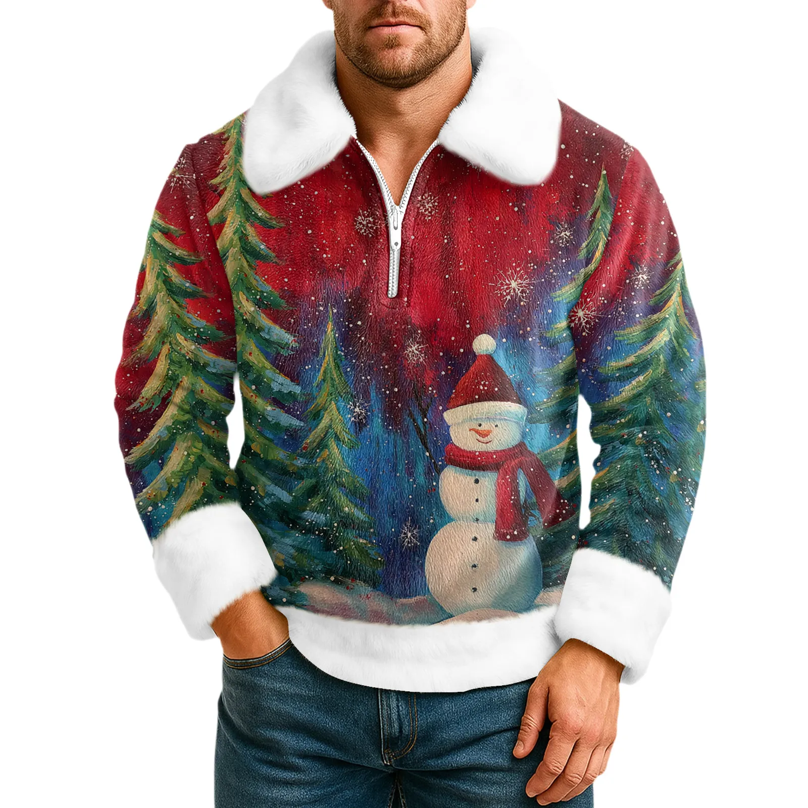 Cartoon Christmas Pattern Hoodie Men'S Long Sleeved Casual Collared Sweatshirt Christmas Party Costumes Navidad