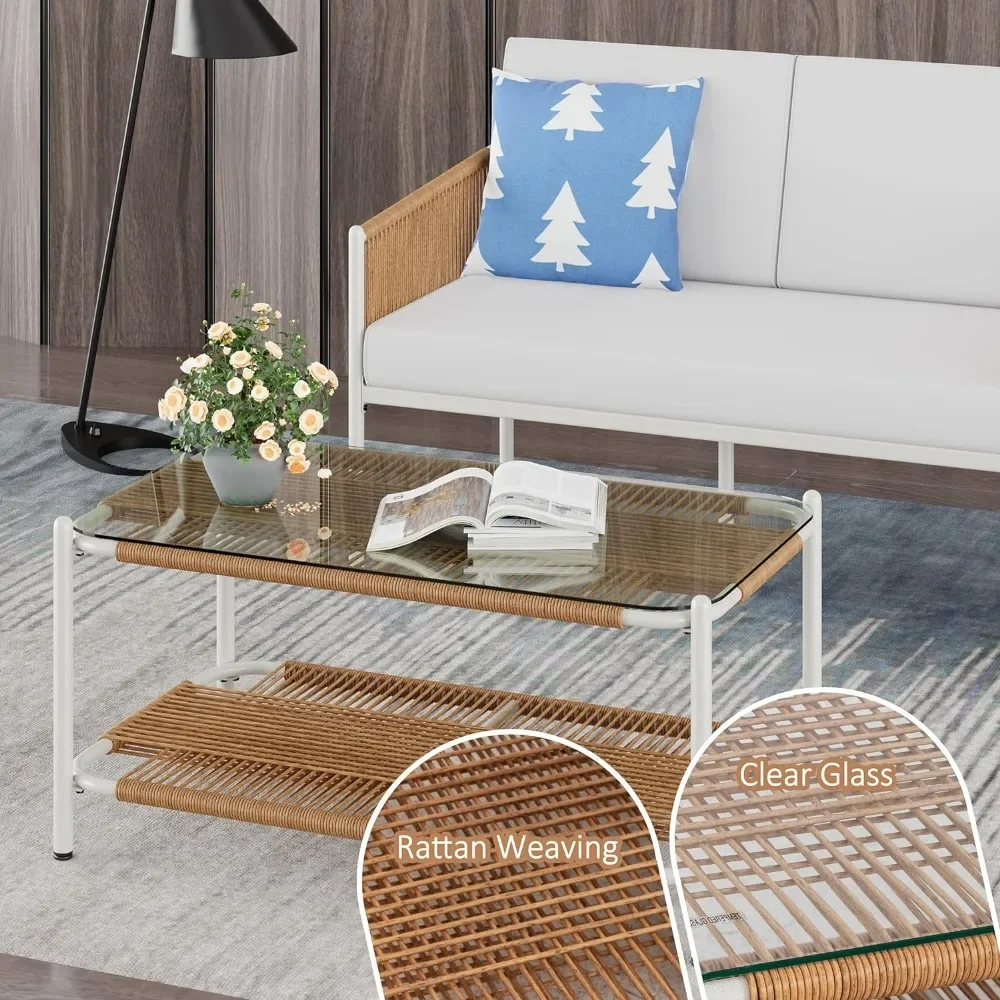 5-delige Rieten Tuinmeubelset Voor Buiten, Metalen Sofa-Conversatieset, Inclusief Loveseat, 2 Enkele Stoelen En 2 Koffietafels