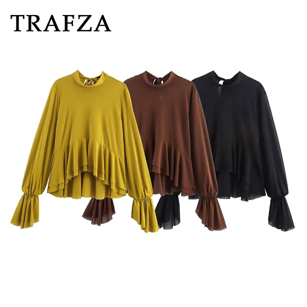 

TRAFZA Chic Casual Brown Woman Blouse Fashion 2025 Tierred Elegant Mujer Shirts Pleated Loose Elegant Holiday Teacher Autumn Top