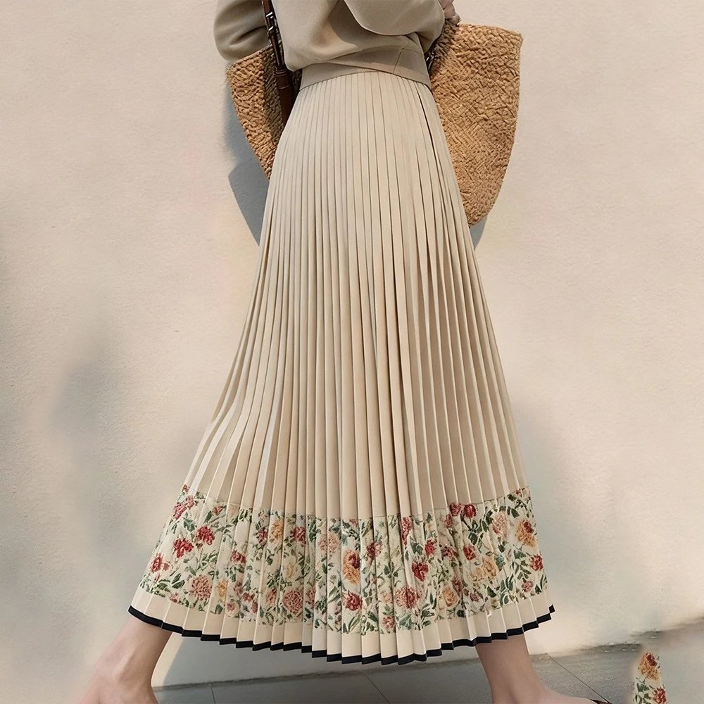 High waist white skirt pattern retro Chinese vertical national style new printed pleated version commuter pleated skirt