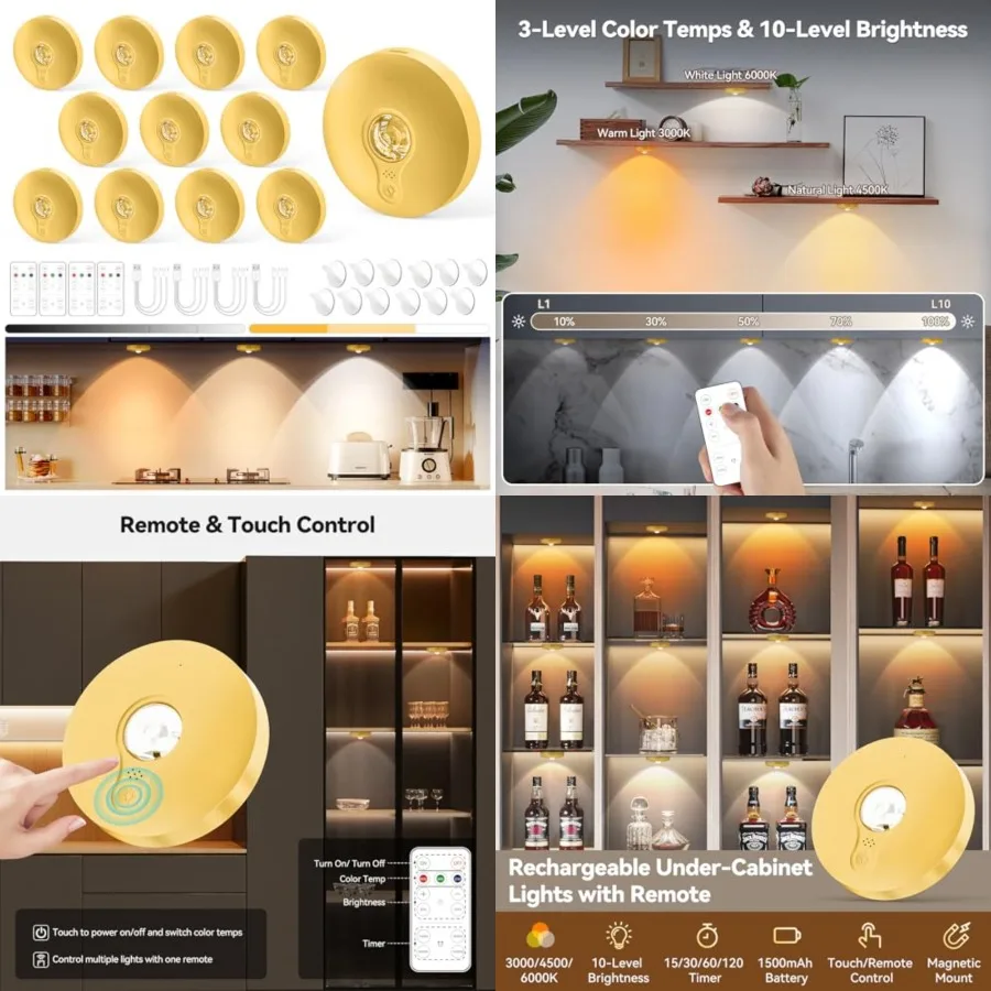 

Rechargeable Puck Lights with Remote, Magnetic Under Cabinet Lighting, 1500mAh Battery Operated LED Tap Lights with Dimmer and
