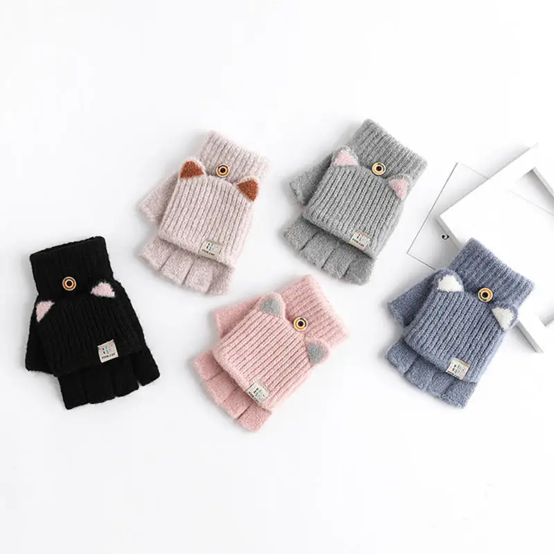 Winter Women Knitted Gloves Cute Flip Fingerless Exposed Finger Girl Gloves For Cycling Hand Warmer Thick Woolen Female Mittens