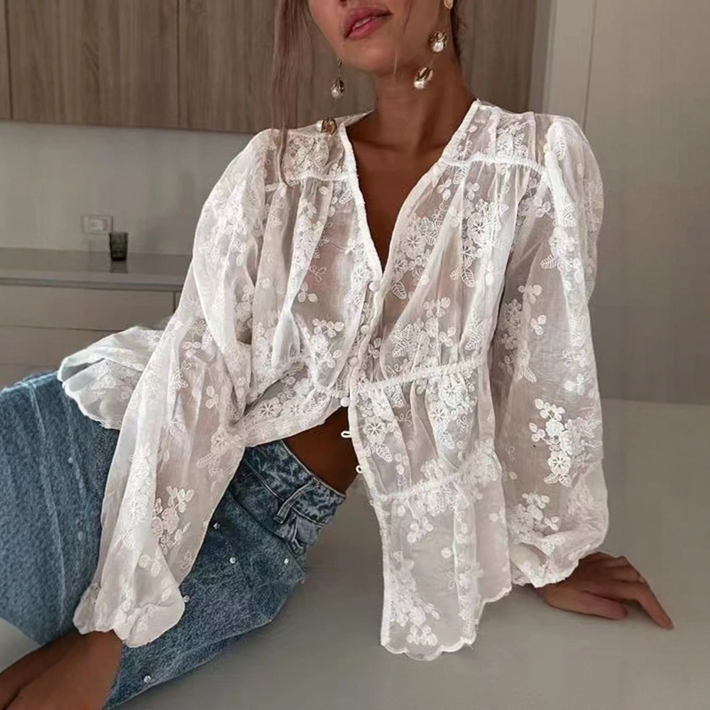 

UNIKTEE женская летняя блузка сексуальная однотонная прозрачная вышивка однобортная пуговица спереди с длинным рукавом с v-образным вырезом повседневный топ