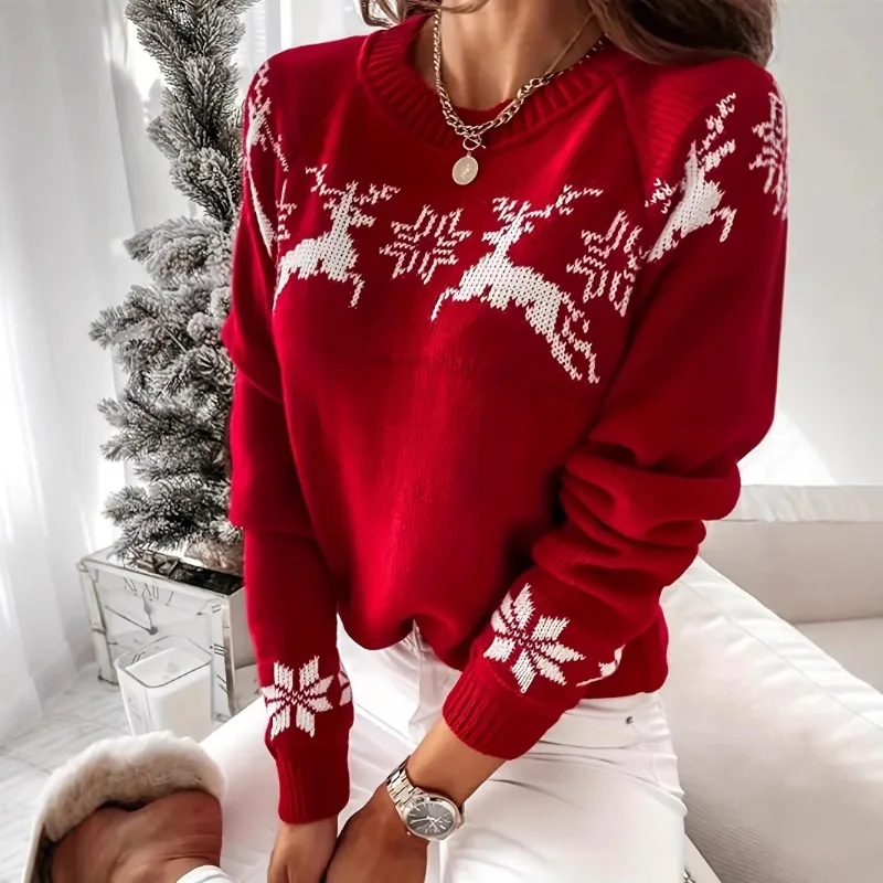 

Новый женский рождественский вязаный свитер с принтом оленей, пуловер Fair Isle, уютный мягкий топ в рубчик с длинными рукавами для праздничной вечеринки, Рождества