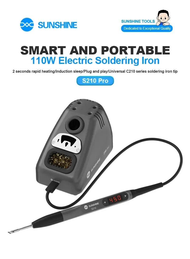 SUNSHINE 210 Pro Smart Portable Soldering Iron LED LCD Display 100-450℃ Free Temperature Control for Mobile Phone PCB Repair