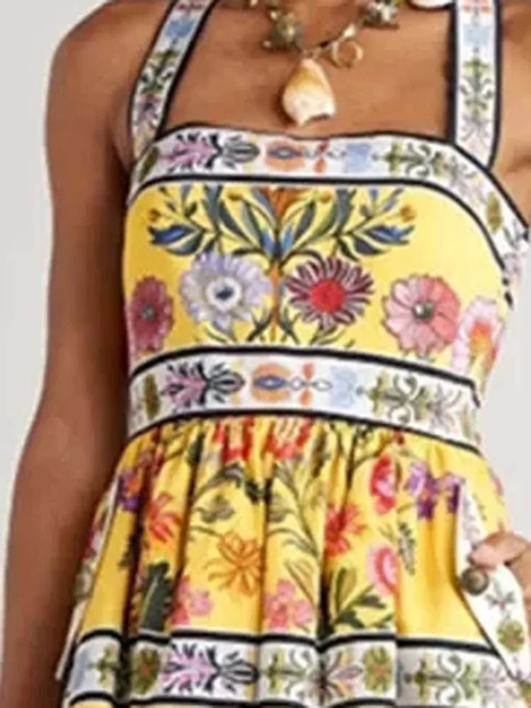 Elegancka Sukienka Damska w Stylu Vintage z Plisowanym Nadrukiem Boho, Seksowna Sukienka Bez Rękawów z Dekoltem typu Halter i Odkrytymi Plecami, Długa Sukienka Codzienna z Kieszeniami i Wycięciami, Sukienka Wakacyjna