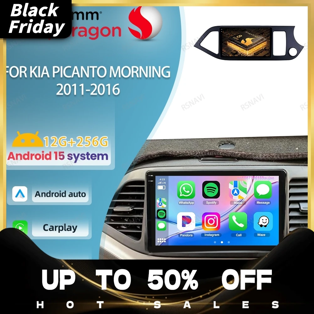 Rádio do carro android 15 para kia picanto manhã 2011-2016 viedo player multimídia sem fio carplay auto 5g wifi autoradio qualcomm