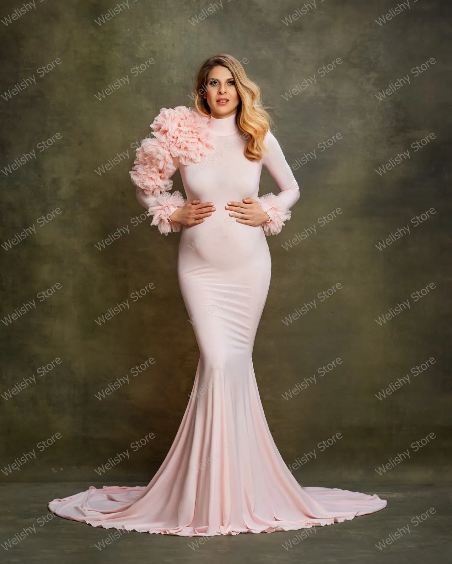 Elegant Pink Hi Neck Mermaid Maternity Dresses Stretchy Spandex Long Dress Pregant Women Ruffles Pleated Shoulder Pregancy Party