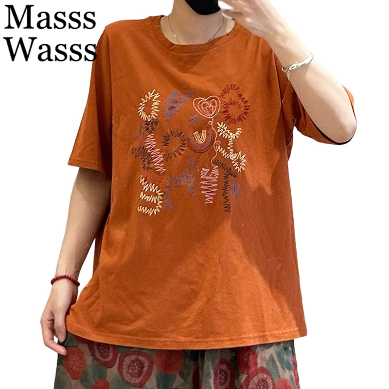 

Masss Wasss 2026 Korean Design Fashion Loose Tops Womens Vintage Classic O Neck Tee Shirts Ladies Summer Leisure Luxury Clothes