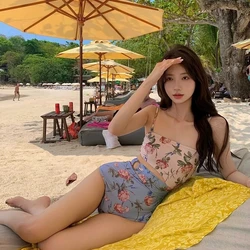 2025 Sexy Bandeau Swimming Bathing Suit Floral Print Monokini Padded Korean Swimwear Women One Piece Swimsuit Cut Out Beach Wear