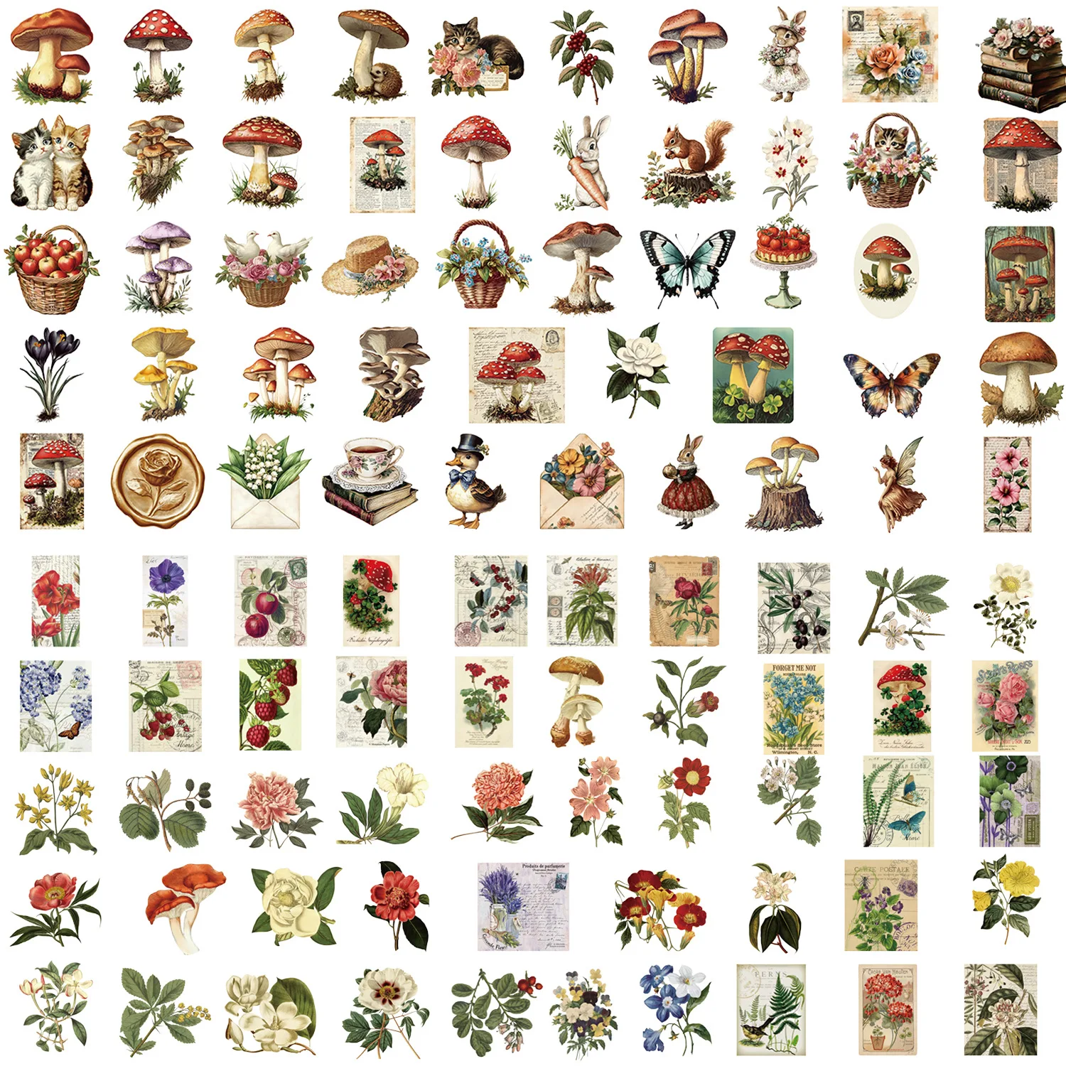100PCS Vintage Mushroom & Colorful Botanical Aesthetic Stickers PET Transparent Waterproof Vinyl Decals for Journaling Scrapbook