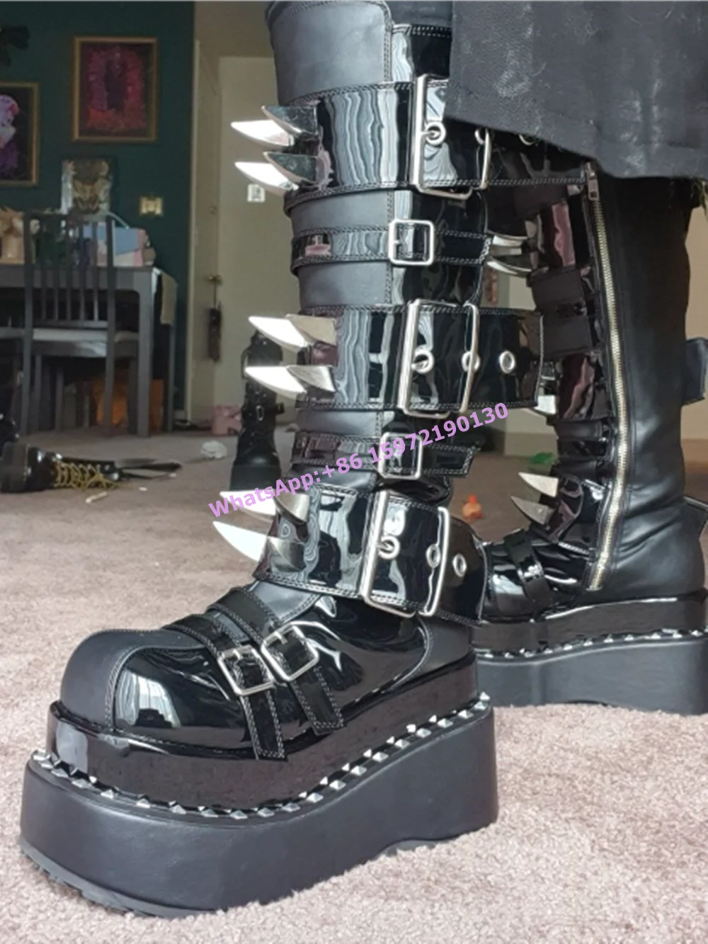 Black Dagger Rivet Knee High Boots Platform Round Toe Thick Soled Buckle Belt Y2K Shoes Dark Punk Gothic Hotties Knight Boots