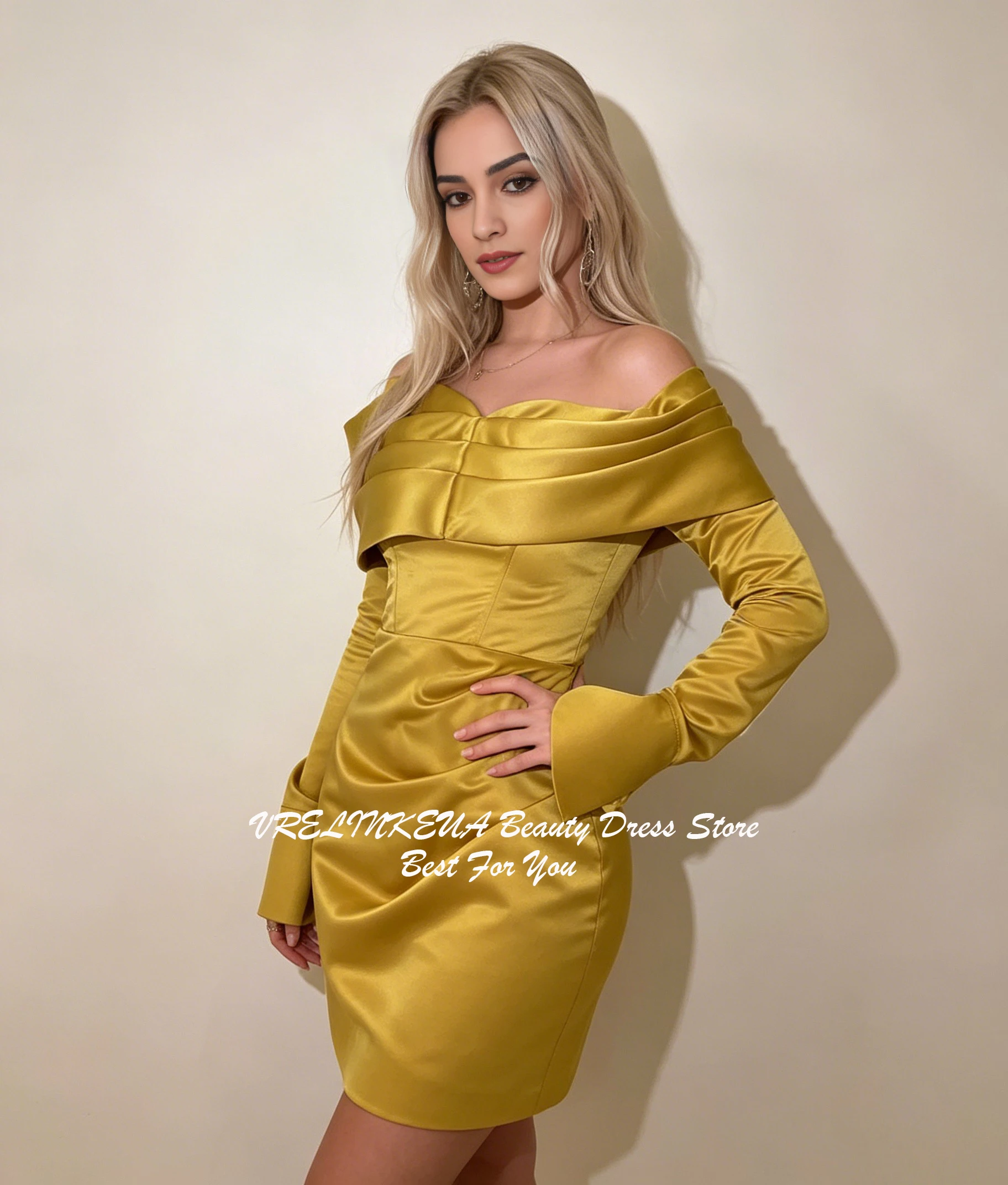 Gold Long Sleeves Mini Graduation Dress Elegant Satin Short Homecoming Dresses For Teens Wedding Prom Dress Customized Выпускное