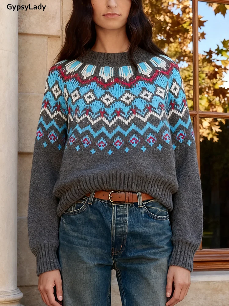 

French Chic Knitted Vintage Sweater Pullovers Women Autumn Winter Jacquard Grey Floral Boho Retro Casual Ladies Top Knitwear New