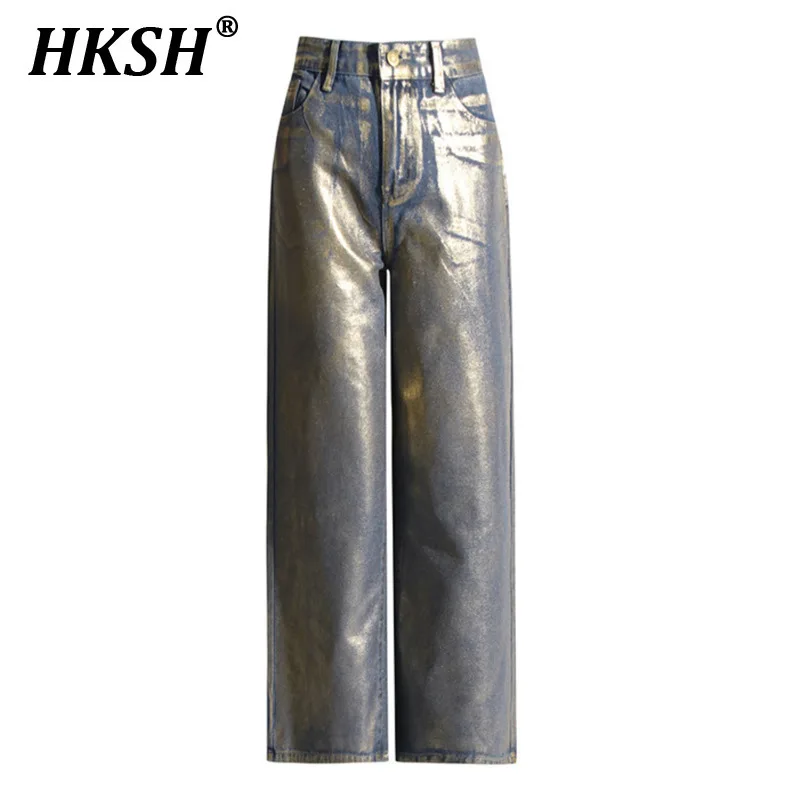 

HKSH Spring Summer Women Y2K Streetwear Trendy Tie Dye Design High Waisted Straight Jeans Coated Wide Ins Leg Denim Pants HK5068