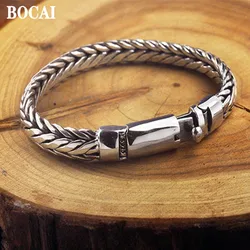 BOCAI New Real Solid S925 Pure Silver Hand Woven Vintage Mighty Men Bracelet Birthday Gift