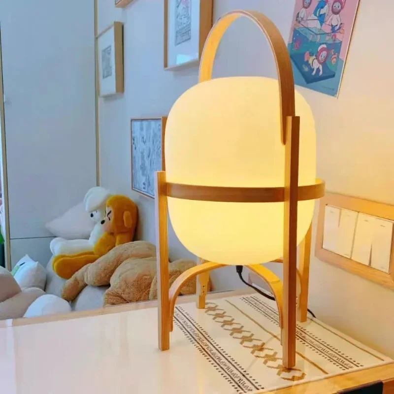 Japanese Natural Wood Glass Table Lamp Modern Decorative Led Standing Lamp Bedroom Living Room Bedside Study Tabletop Lighting