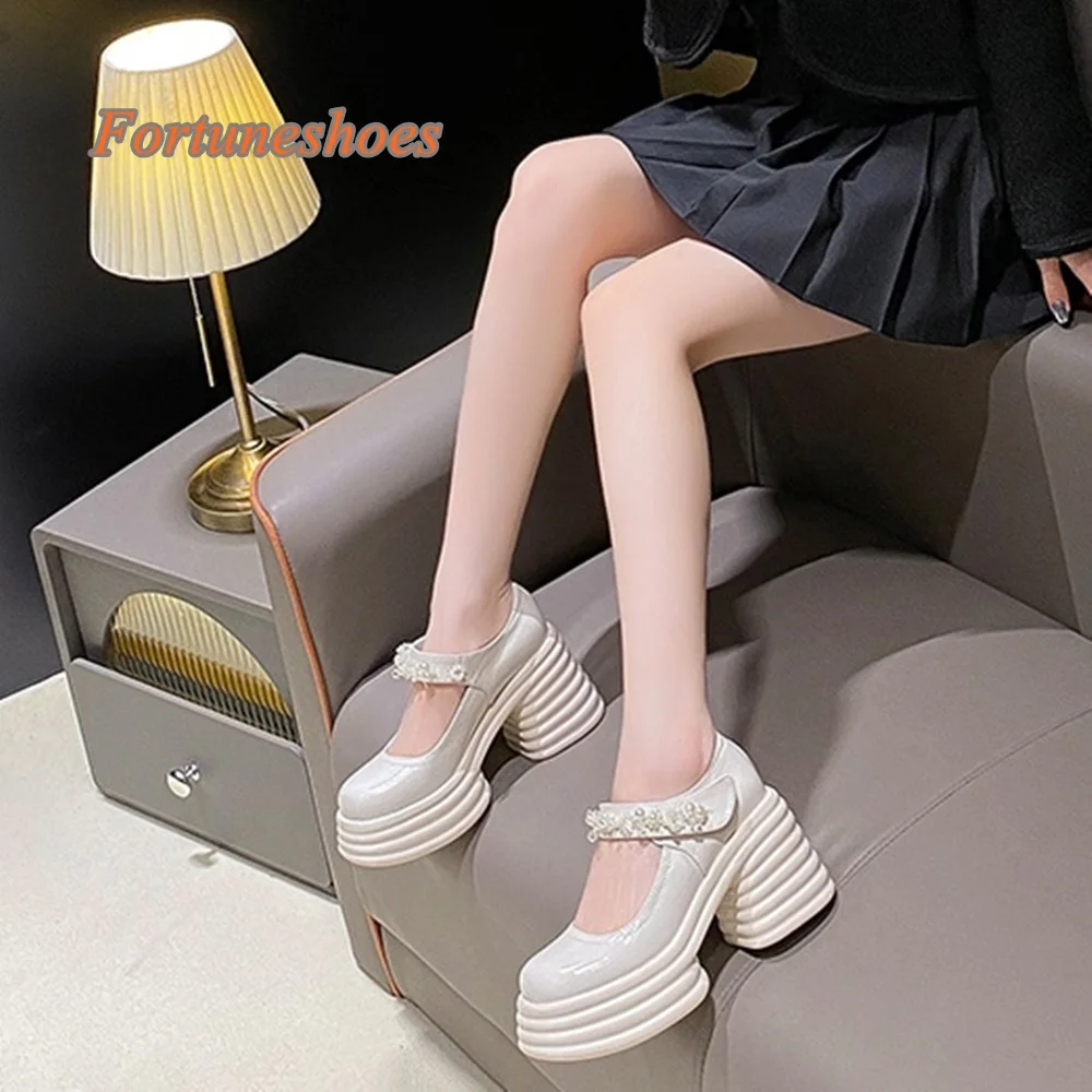 

Hook&loop Round Toe Women Pumps Chunky High Heel Narrow Band Pearl Shallow Shoes 2024 New Arrivals Fashion Runway Summer Pumps