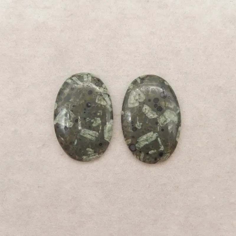 

2PCS Polished Plant Stone Oval Cabochons Handcrafted Natural Speckled Green Gemstone for Boho Jewelry & Artisanal Designs