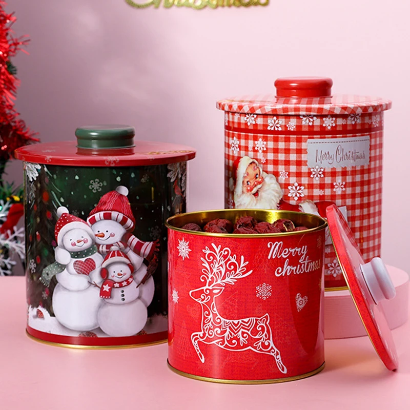 2 PCS Christmas Candy Tin Round Jar Cartoon Santa Claus Snowman Letter Printed Tinplate Box Xmas Small Gift Storage Boxes