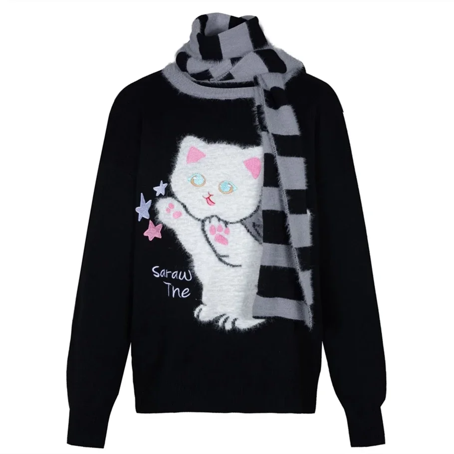 Japanese Y2K Egirl Winter Two Piece Set Scarf and Sweater High Quality Plush Cat Embroidery Jersey Jumper Women Casual Loose Top