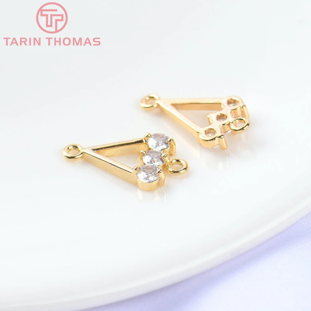 (5510)6PCS 9x12MM 24K Gold Color Brass with Zircon Triangle 2 Holes Charm Pendants High Quality Diy Jewelry Findings Accessories