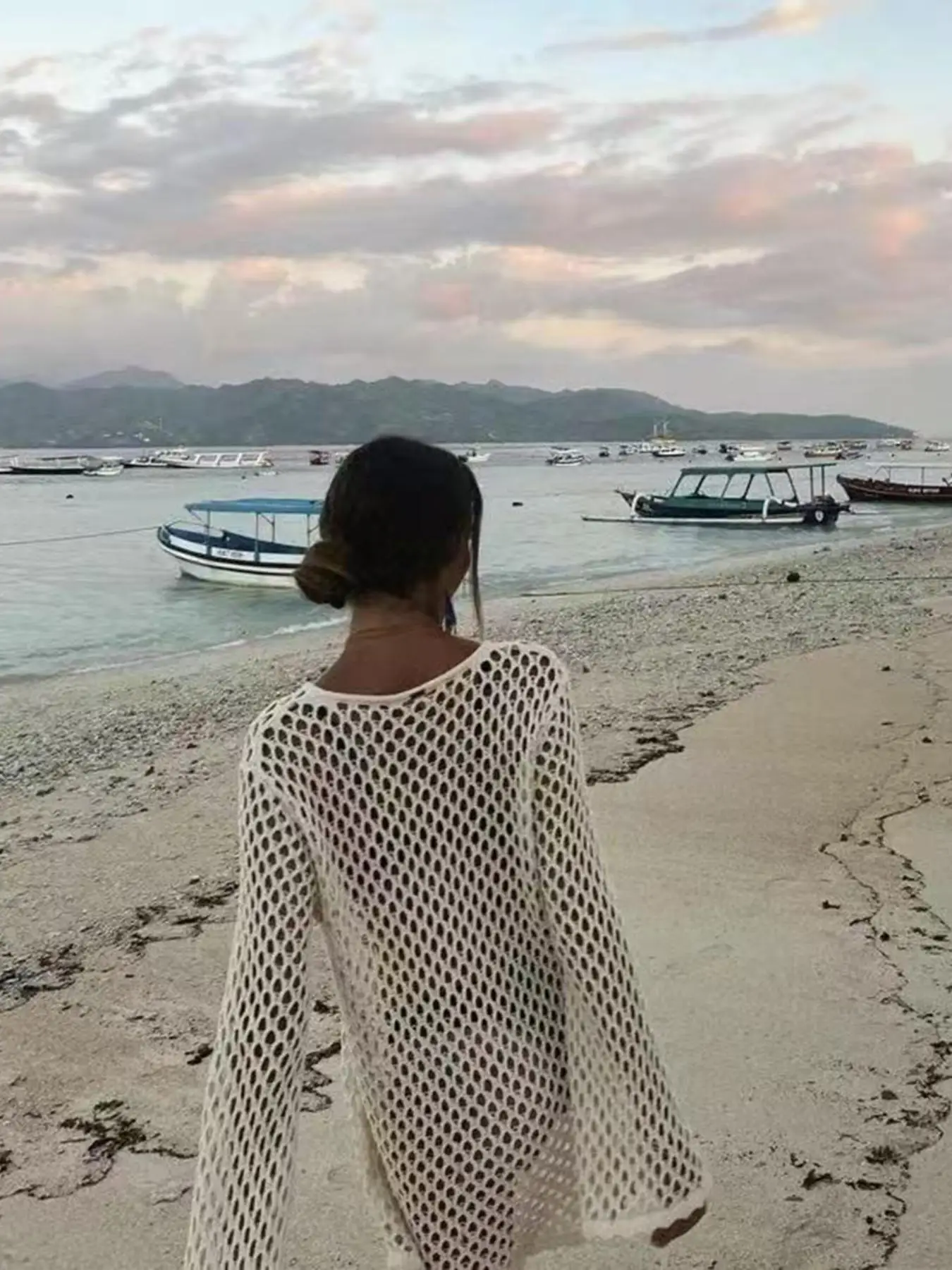 Beach Style Hollow Out Bikini Cover-Up,Round Neck Knit Long Sleeve Casual Dress, Fitted Plain Design,Perfect for Summer Holiday